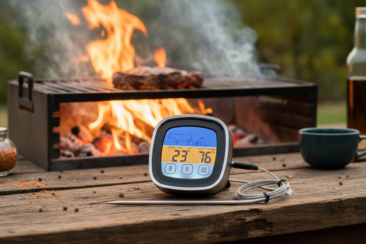 BraaiPro digital meat thermometer at a South African braai with glowing coals