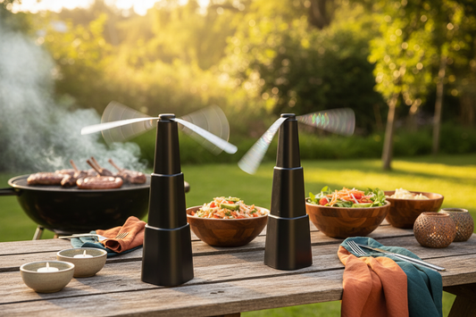 BraaiShield portable outdoor fans on a braai table with meat and salads