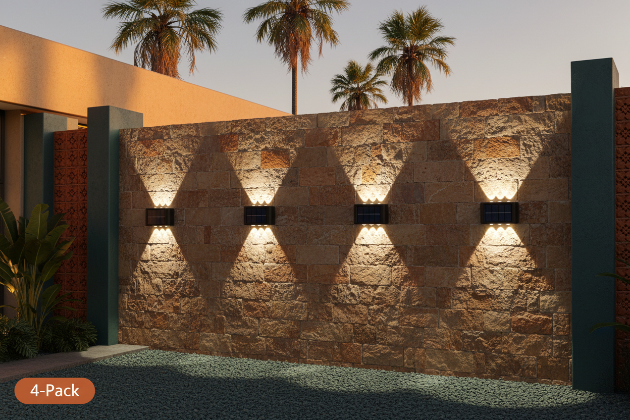 SolarGlow solar wall lights mounted on exterior wall at dusk with dramatic light beams